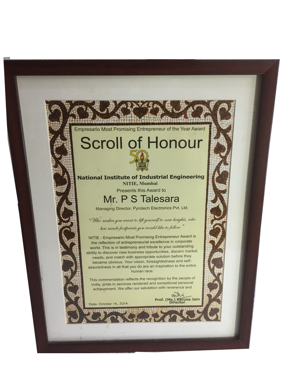 Empresario Most Promising Entrepreneur of the Year Award. Scroll of Honour
