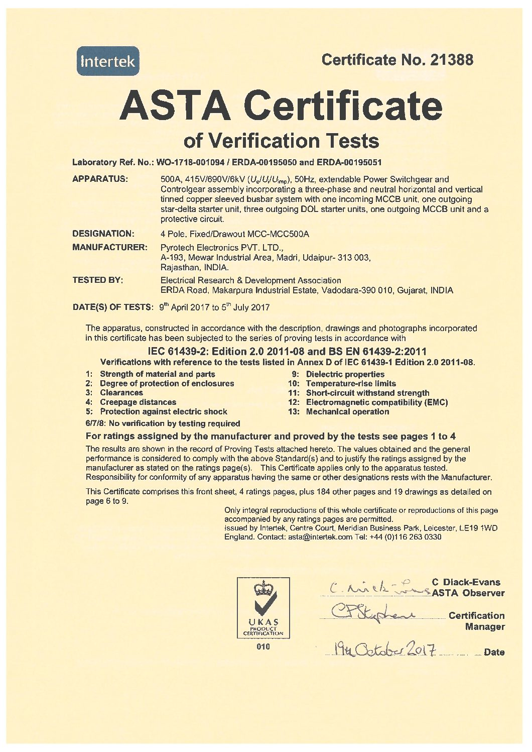 ASTA Certificate of verification tests